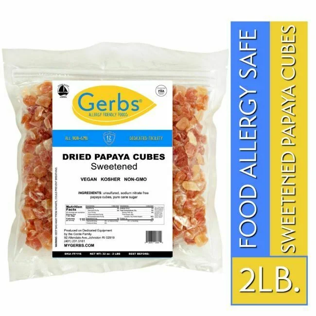 Dried Sweetened Premium Grade Thailand Papaya Cubes, Resealable Bag by Gerbs